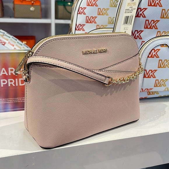 Michael Kors Jet Set Travel Medium Dome Crossbody Signature MK Bag Powder  Blush